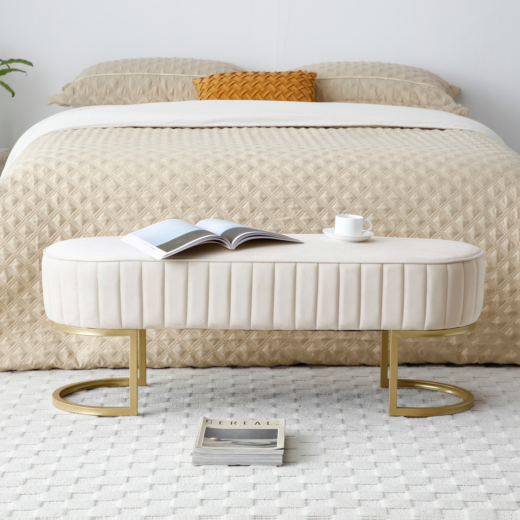 Bench Bedroom Bench ,Velvet Oval Upholstered End Of Bed Bench With Golden Metal Legs ,48" Modern Storage Ottoman Bench For BedroomLiving Room, Entryway Window ,Begie_voghion.com